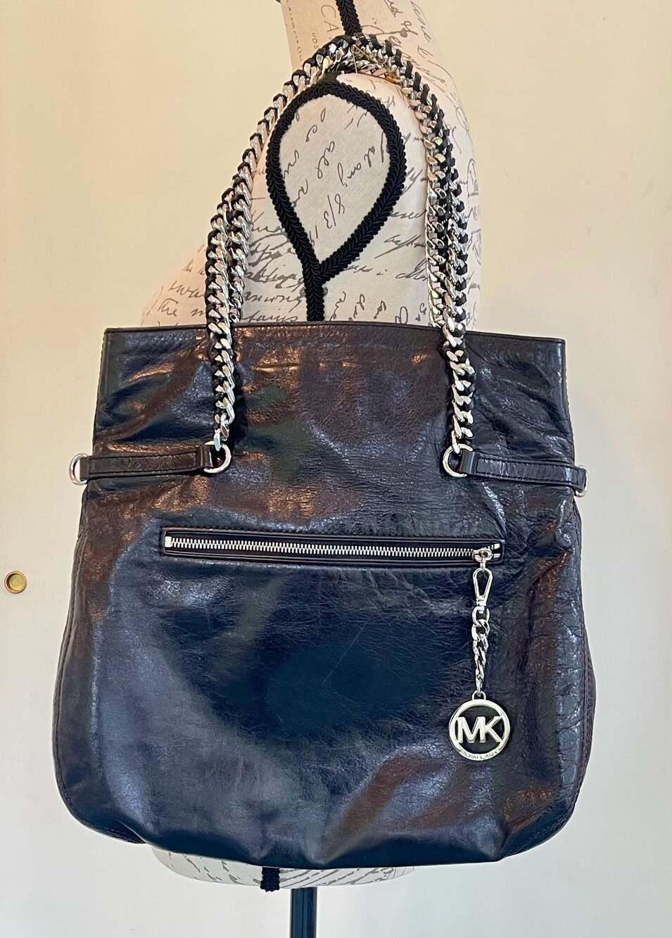 Michael Kors Large Black Crinkle Leather Chain Tote Bag